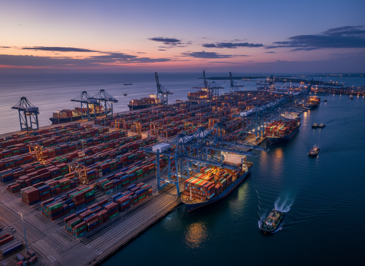 Aerial view of an international cargo shipping port at dusk