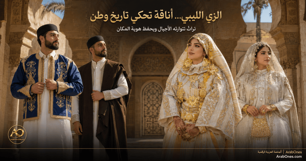 رجال ونساء يرتدون أزياء ليبية تقليدية تشمل الجرد والفرملة والزي النسائي الاحتفالي والحلي الذهبية
