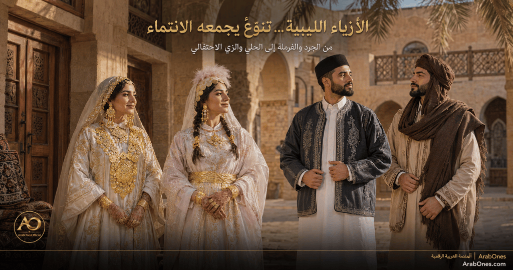نماذج متنوعة من الأزياء الليبية للرجال والنساء تشمل الجرد والفرملة والحلي والملابس الاحتفالية
