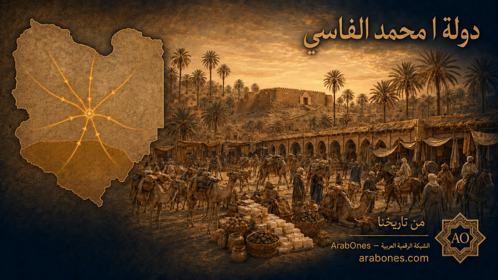 تصميم تاريخي يوضح دولة أولاد امحمد الفاسي وطرق القوافل المتجهة إلى مرزق وقلعتها وأسواقها القديمة
