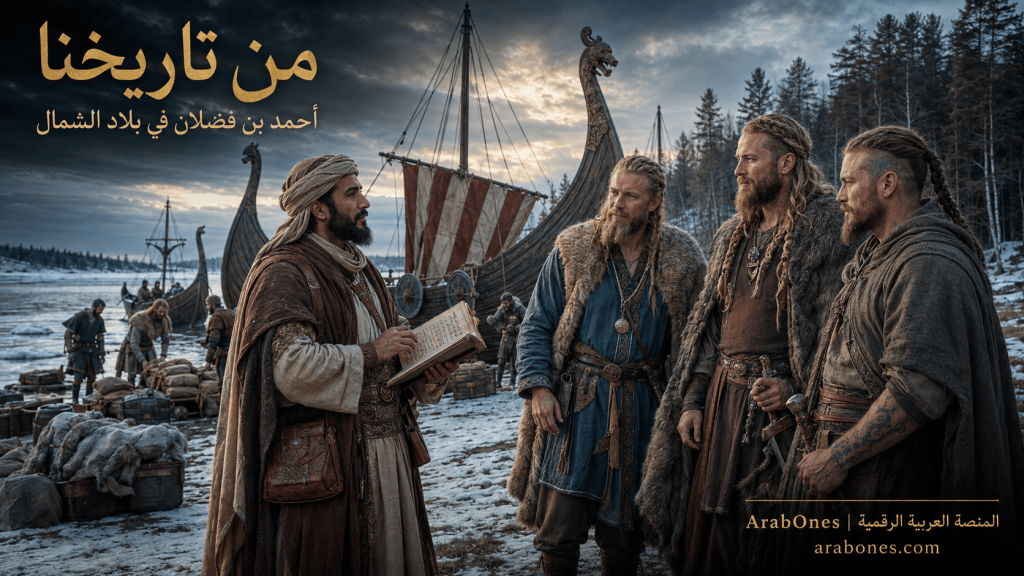 أحمد بن فضلان يتحدث مع مجموعة من رجال الشمال قرب سفن الفايكنغ على ضفاف نهر الفولغا