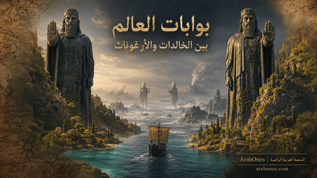 تصور فني لتمثالين عملاقين يحرسان ممراً مائياً بين عالم أخضر مأهول وأراضٍ غامضة، مستوحى من روايات تماثيل الخالدات وبوابة الأرغوناث.