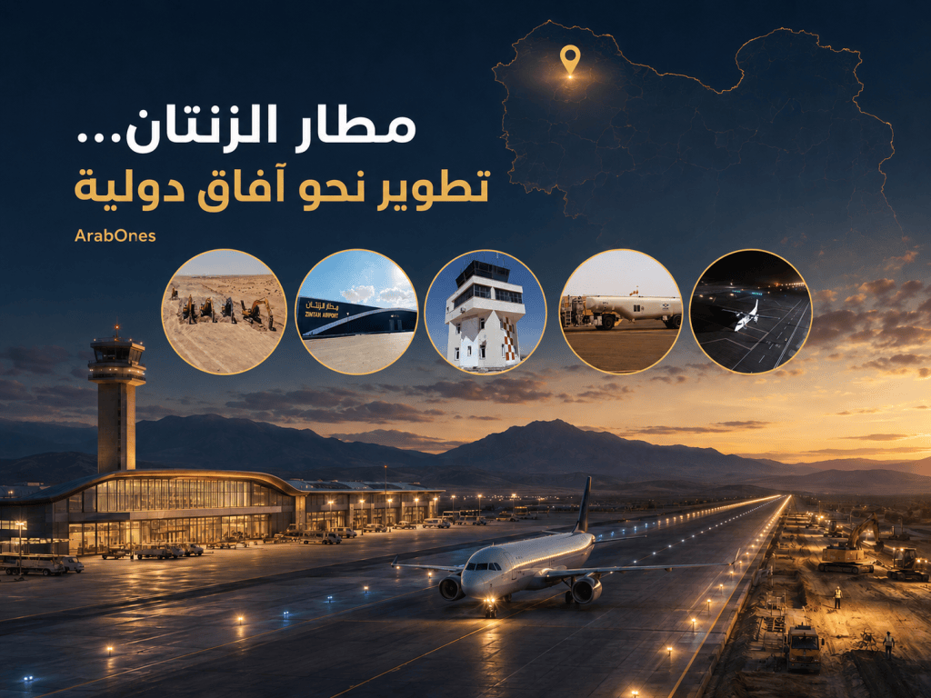 تصميم عن مشروع تطوير مطار الزنتان يتضمن صورًا حقيقية لأعمال الإنشاء ومبنى المطار وبرج المراقبة وتجهيزات الوقود وإنارة المدرج.