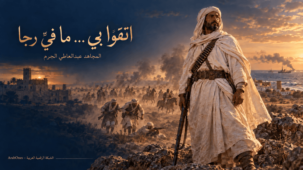 المجاهد عبدالعاطي الجرم في غلاف رمزي يوثق مسيرته في مقاومة الاحتلال الإيطالي واستشهاده في معركة السبت سنة 1922م.