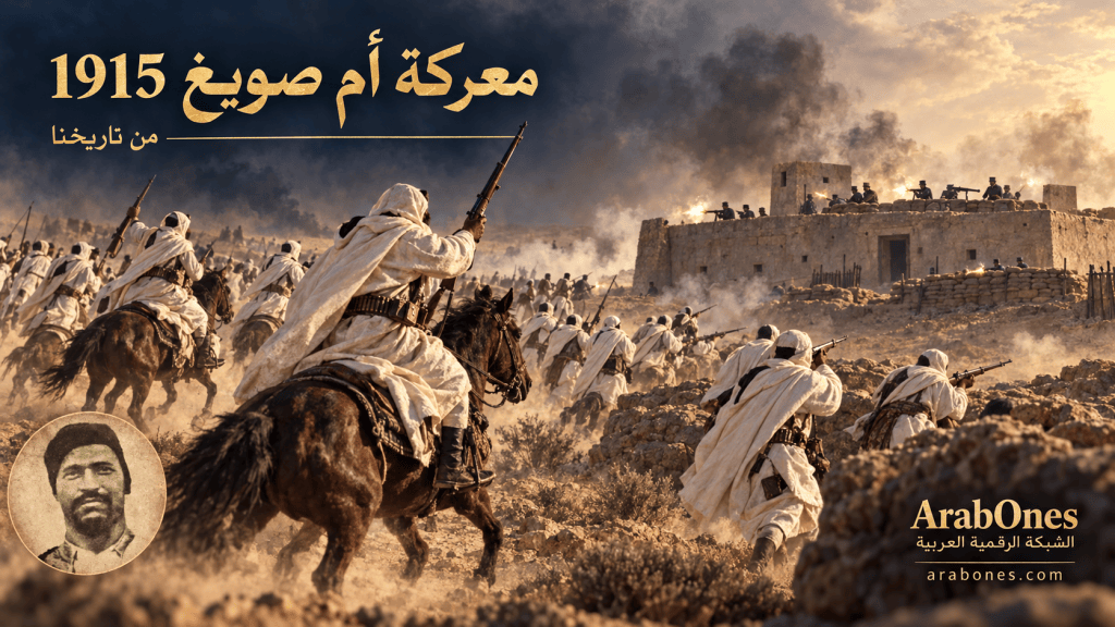 تصميم تخيلي لمجاهدي ليبيا وتونس وهم يهاجمون الحصن الفرنسي في معركة أم صويغ سنة 1915.